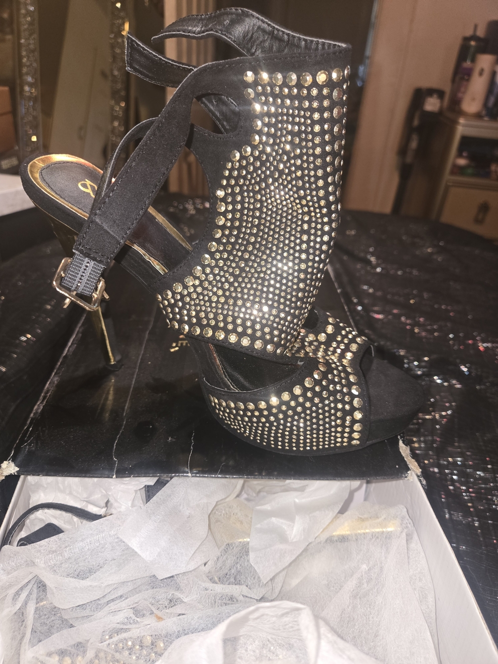 Scene Weaver Black Heeled Sandals with Gold Studs Worn 1 Time